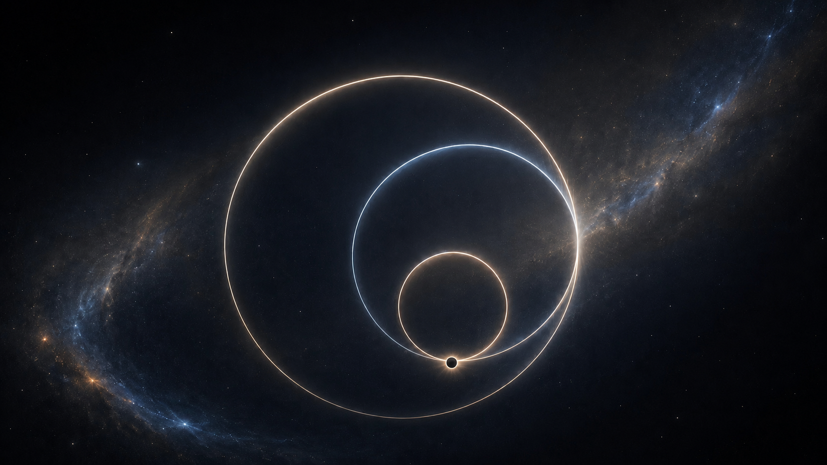 Three luminous nested circles in space meet at a dark operating point, representing the economic core inside governance, institutions, and values.
